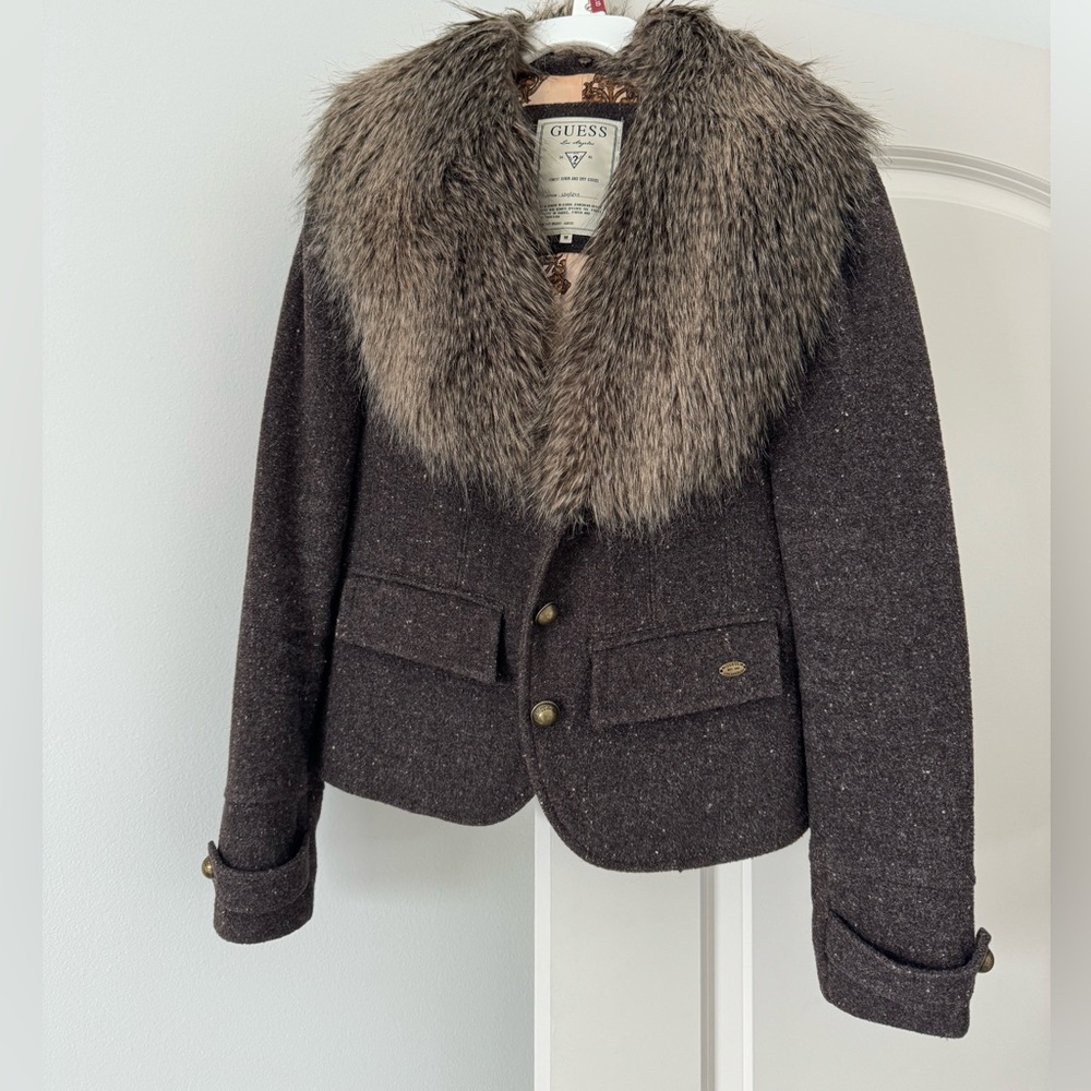 Guess Women's Dark Brown Blazer with Faux Fur Collar